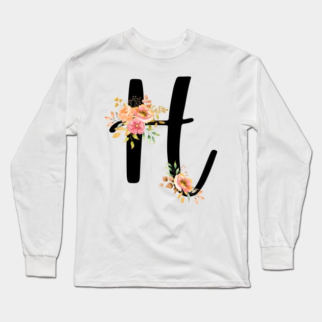 Letter H With Watercolor Floral Wreath Long Sleeve T-Shirt by NatureGlow